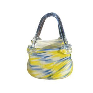 Hand-Blown Murano Glass Basket Lamp With Yellow & Blue Swirls - Unique Home Deco